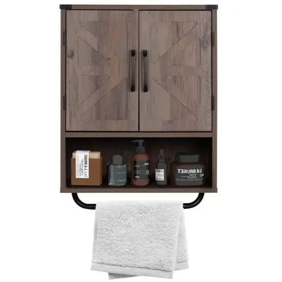 Modern Wooden Bathroom Wall Storage Cabinet with Doors and Towel Rack, Adjustable Shelves Brown {8}