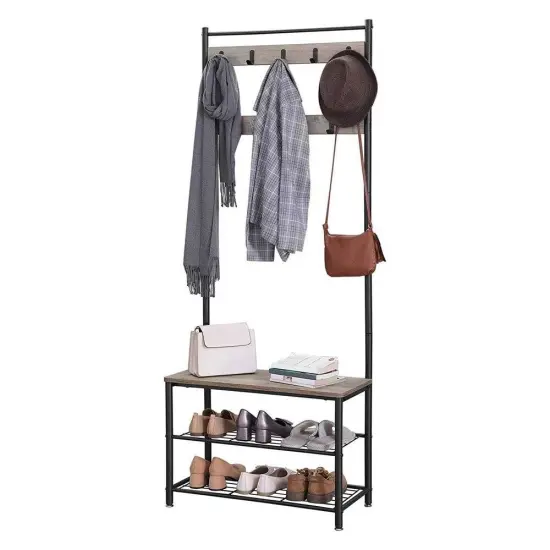 Greige Modern Entryway Coat Rack with Shoe Storage Bench 9 Hooks and Black Steel Frame {2}