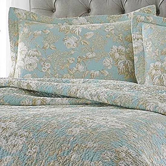 Lightweight 3-Piece Reversible Cotton Quilt and Sham Set in Sea Foam Blue Beige Floral Print {2}