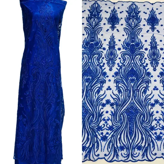 1 Yard Beaded Lace Fabric, 52" Embroidered Polyester Net Mesh Fabrication Royal Blue {1}