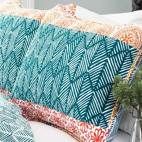 Cotton 3 Piece Reversible Teal Orange Bohemian Stripe Quilt Set {3}