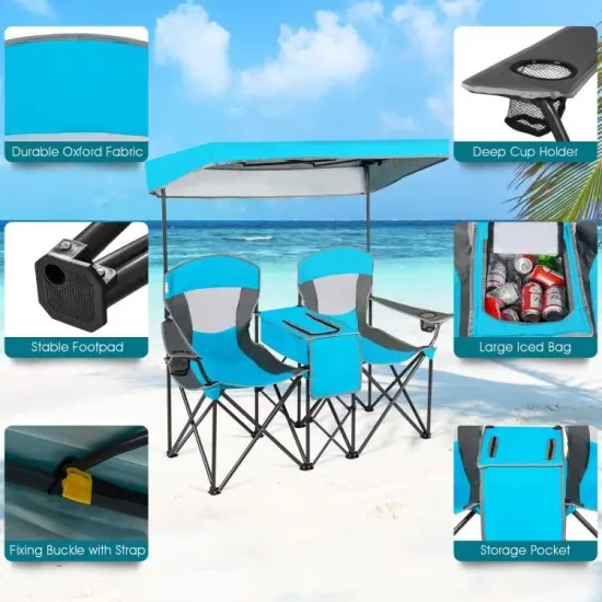 Steel Folding 2-Seater Camping Chair with Canopy and Cooler Light Blue {4}