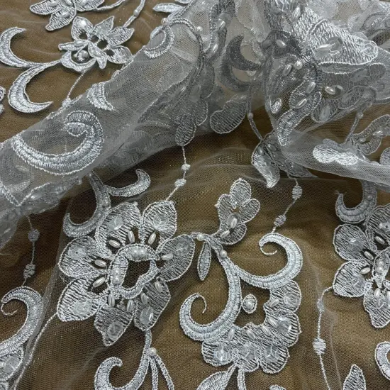 1 Yard Silver Beaded Corded Bridal Lace Fabric Embroidered Elegant Net Mesh Gown 52" Width {2}