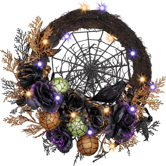 Halloween Wreath for Front Door with Lights, 24 Inch Pre-Lit Roses Crow {1}