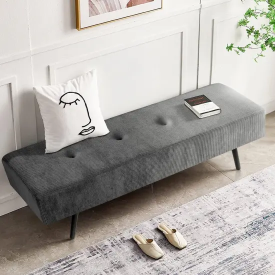 Modern Corduroy Upholstered End of Bed Searing Bench with Black Metal Legs for Living Room Grey {4}