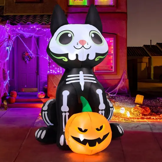 5 FT Halloween Inflatables - Skeleton Cat with Pumpkin Built-in LEDs {2}