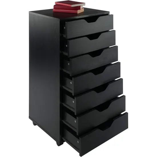 Wood 7-Drawer Storage Cabinet Chest with Casters and Lock Black {5}