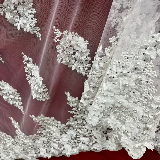 1 Yard Beaded 3D Floral Lace Fabric Embroidered on 100% Polyester Net Mesh 52" Width Gold {5}