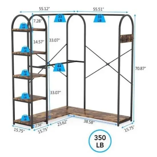 Industrial L Shaped Corner Closet Organizer with Shelves and Garment Rods for Bedroom Storage {5}