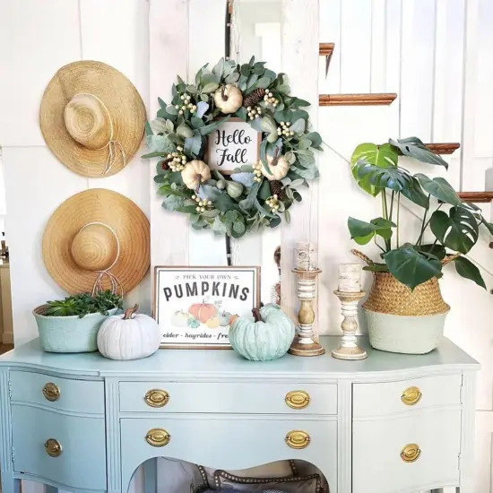 Fall Wreath Pumpkin Wreath Harvest Wreath Green Leaf {3}