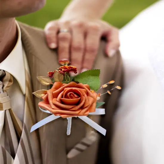 Burnt Orange Boutonniere for Men Wedding Set of 2,Groom and Best Man Boutonniere Aificial Flowers,Fall Vintage {4}