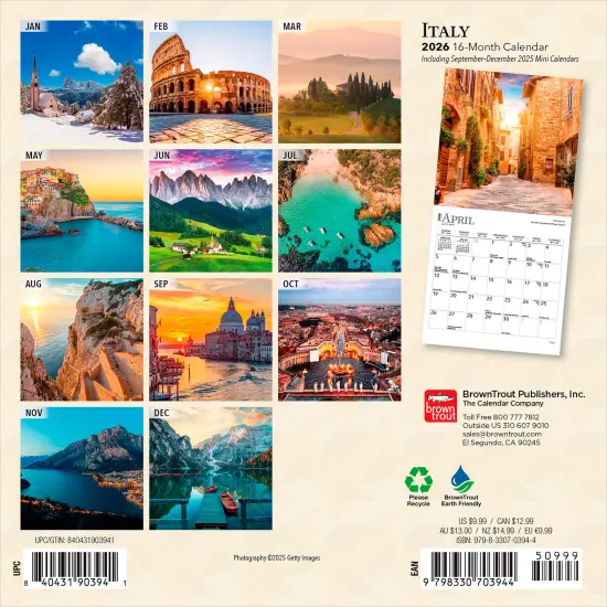 Italy | 2026 7 x 14 Inch (Hanging) Monthly Mini Wall Calendar {2}