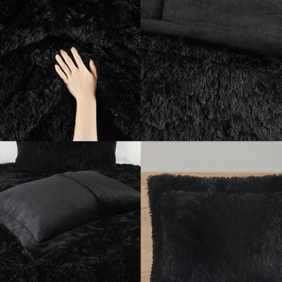 Black Soft Sherpa Faux Fur 3-Piece Comforter Set with Pillow Shams {4}