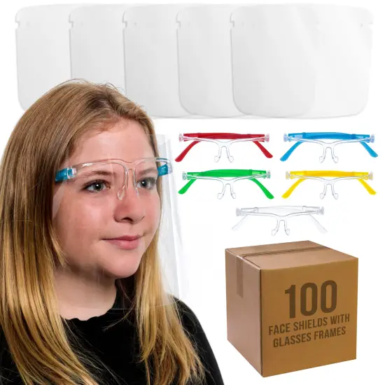 100 Kids Face Shields with Glasses Frames (20 Packs of 5) - 5 Colors, 20 Each - Protective Children's Full Face Shields - Anti-Fog PET Plastic {1}