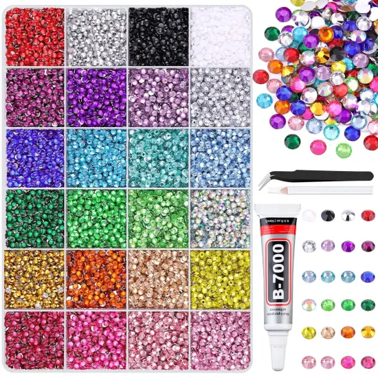 24000Pcs 3mm Flatback Resin Rhinestones with B7000 Glue & Tweezers &ndash; Multicolor {1}