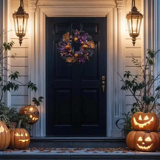 Pre-Lit Jack-o'-Lantern Pumpkin Wreath Halloween Decorations {5}