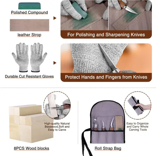 18 Pcs Wood Carving Kit with 6 Pcs Carving Knives & 8 Pcs Basswood Blocks {3}