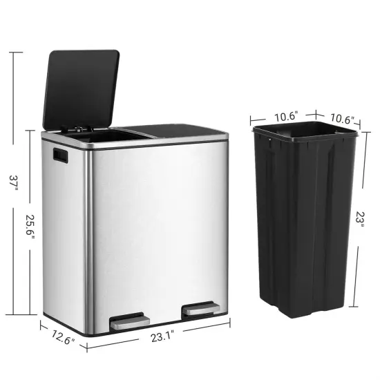 Silver Stainless Steel Dual Compartment Trash Can with Step-On Pedals and Soft Close {5}
