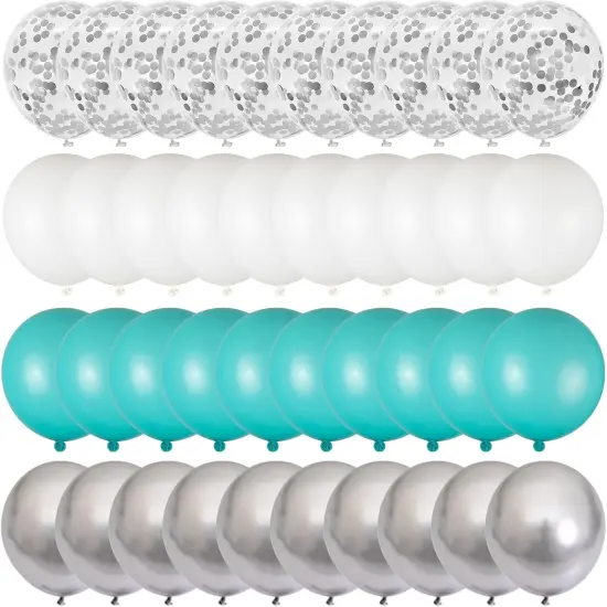 100pcs Teal Blue White Silver Confetti Latex Balloons {3}