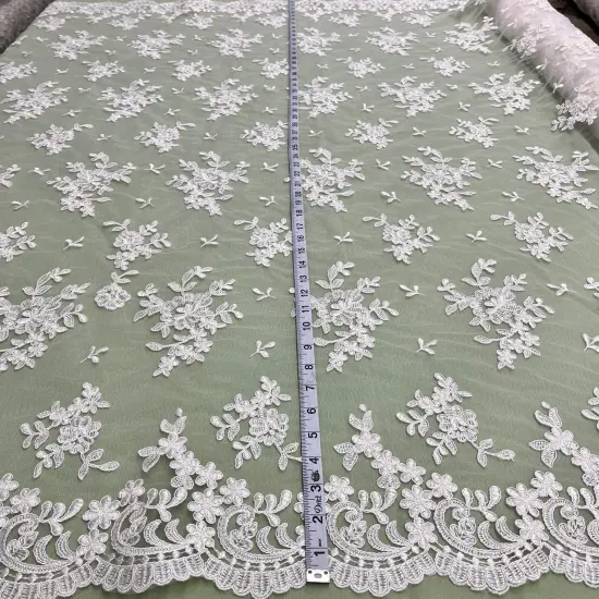 1 Yard Corded Bridal Lace Fabric Embroidered on 100% Polyester Net Mesh 53" Width White {5}