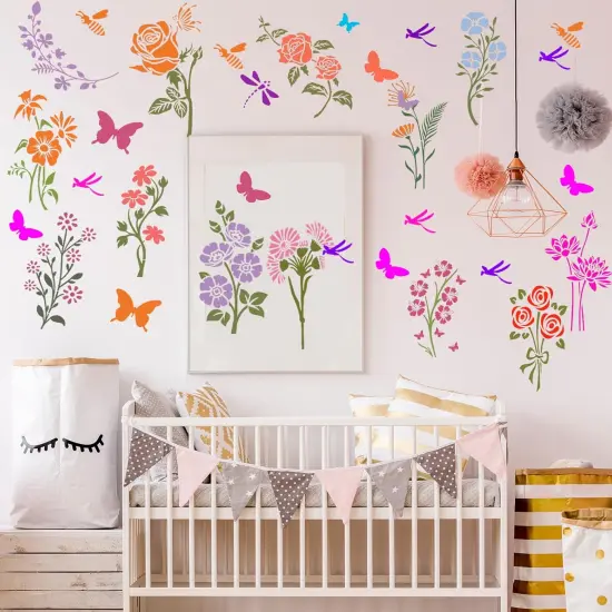 18 Pieces Flower Stencils - Reusable Floral Dragonfly Butterfly {2}