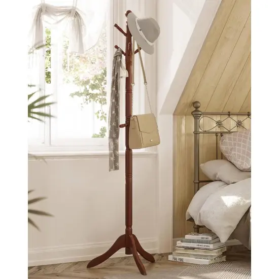Adjustable Height Solid Wood Coat Rack Stand with 10 Hooks for Entryway Living Room and Office Dark Brown {4}