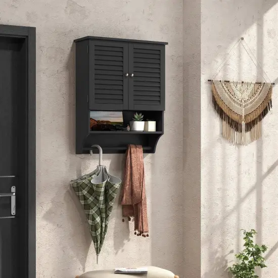 Wall-Mounted Bathroom Medicine Cabinet with Louver Doors and Towel Bar Black {4}