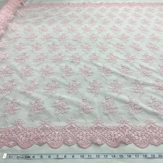 1 Yard Embroidered Lace Fabric Floral Elegant Net Mesh Wedding Dress 54" Width Pink {1}