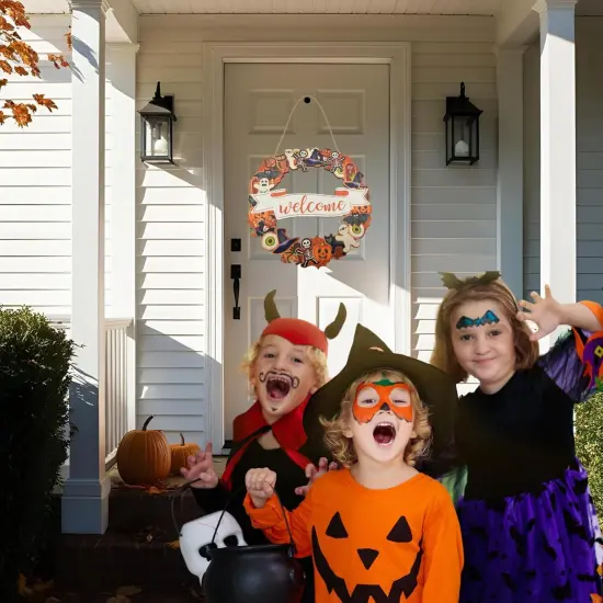 Halloween Wooden Wreath,Welcome Hanging Sign Decorations,Ghost Pumpkin Skull Wood {3}