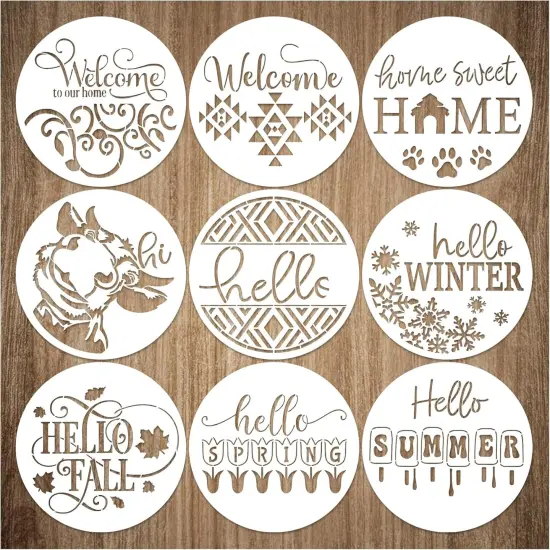 9 Pcs Welcome Stencils for Painting on Wood Reusable Round (9 Welcome) {1}