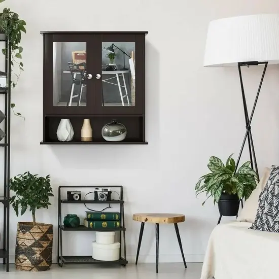 Wall Mounted MDF Bathroom Storage Cabinet with Mirrored Doors and Adjustable Shelves Brown {2}