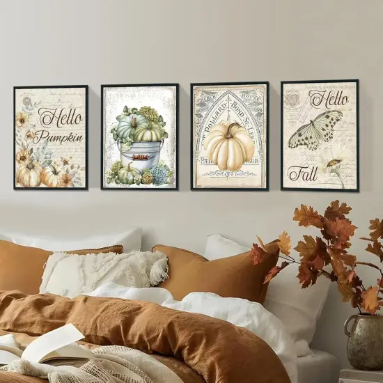 Hello Pumpkin Fall Wall Art Prints Set of 4 - Vintage Elegant Pumpkin {2}