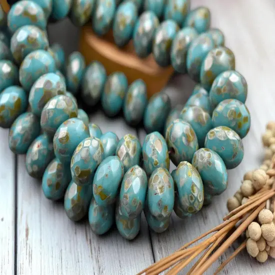 *25* 6x8mm Teal Turquoise Picasso Fire Polished Rondelle Beads {1}