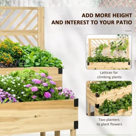 Fir Wood 2-Tier Self Draining Raised Planter Box with Lattice Trellis Natural {4}