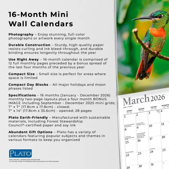 Hummingbirds | 2026 7 x 14 Inch (Hanging) Monthly Mini Wall Calendar | Foil Stamped Cover {6}