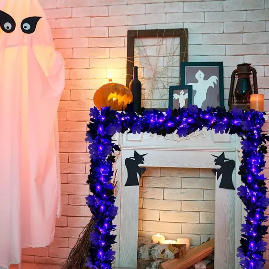 2pcs Black Maple Leaves Garland with Lights ,Halloween Maple Garland {3}