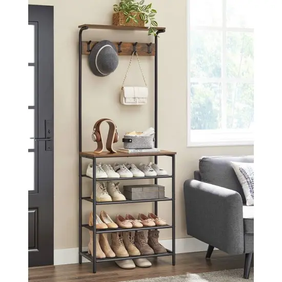72" Shoe Storage Bench Hall Tree Coat Rack with 5 Shelves and Hooks for Entryway or Bedroom Use {1}