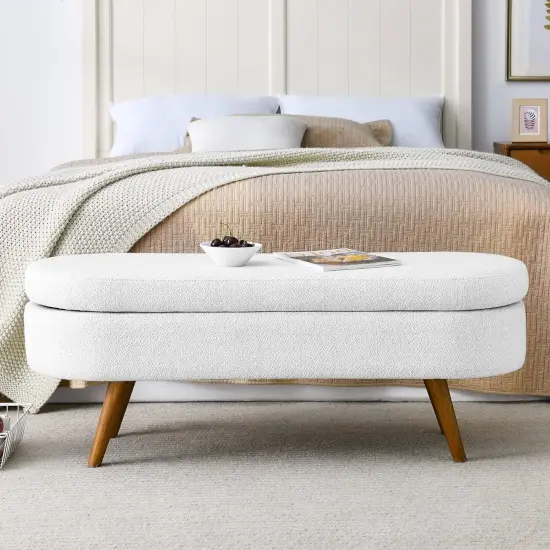 Linen Upholstered Modern Storage Bench with Wood Legs and Flip-Top White {3}