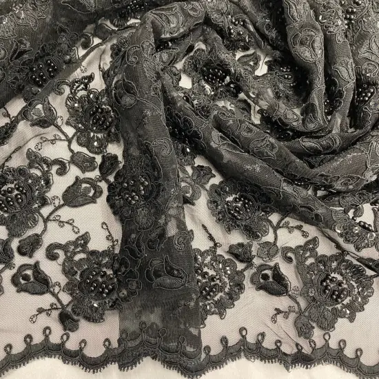 1 Yard Beaded Corded Bridal Lace Fabric Embroidered Net Mesh Black 51" Width {4}