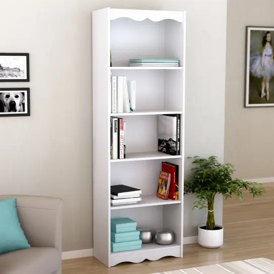 72" White Wood Bookcase with 5 Removable-Adjustable Shelves and Open Back Soft Arch Accents {3}
