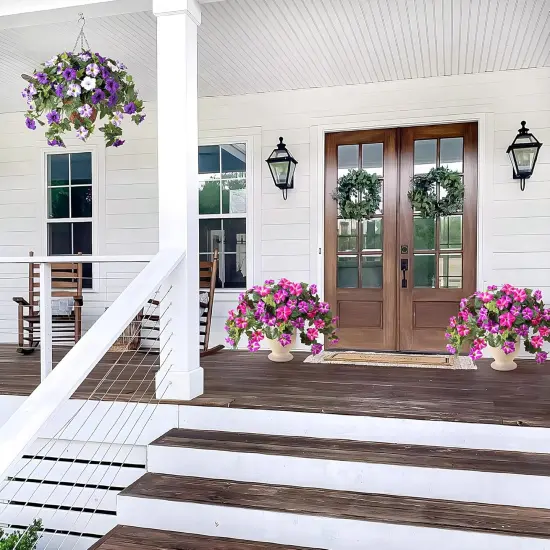 Artificial Fall Flowers with Hanging Basket, UV Resistant Faux Petunias for Outdoor and Indoor Autumn Decor {6}