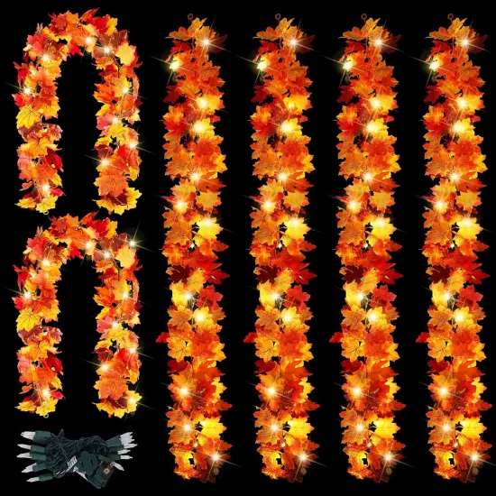 6 Packs Fall Maple Leaves Garland with Lights - 5.8FT (Connectable) {1}