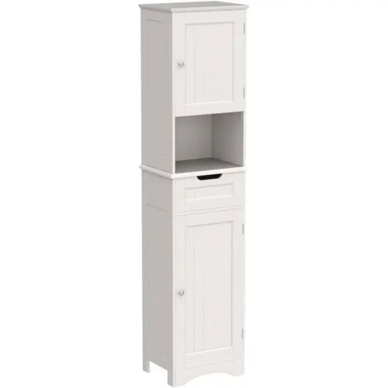 Freestanding Bathroom Storage Tower with Drawer and Adjustable Shelves for Kitchen or Living Room White {5}