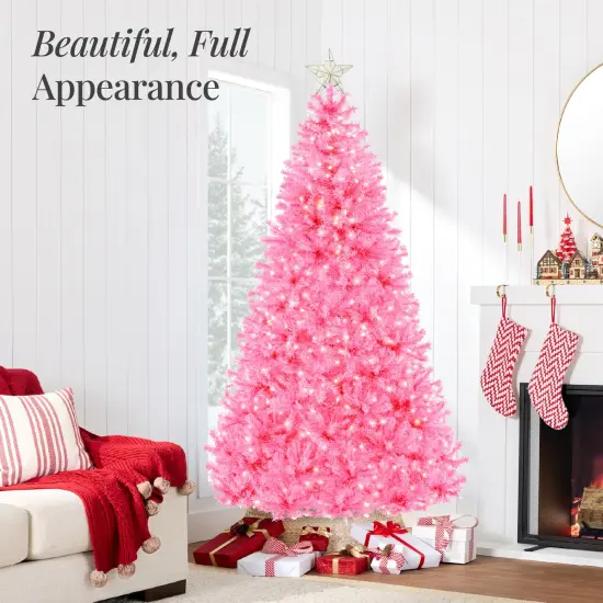Best Choice Products Pre-Lit Pink Christmas Tree, Artificial Full Holiday Decoration w/ Branch Tips, Incandescent Lights {3}
