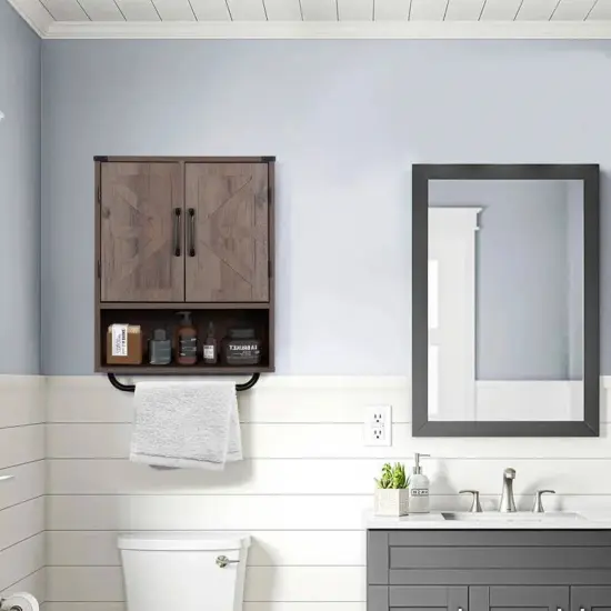 Modern Wooden Bathroom Wall Storage Cabinet with Doors and Towel Rack, Adjustable Shelves Taupe {4}