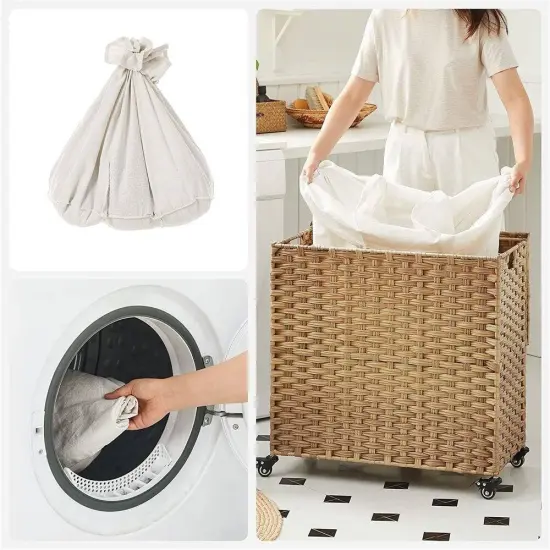 Plastic Laundry Basket Cart with Metal Frame and 3 Removable Bags Natural {3}