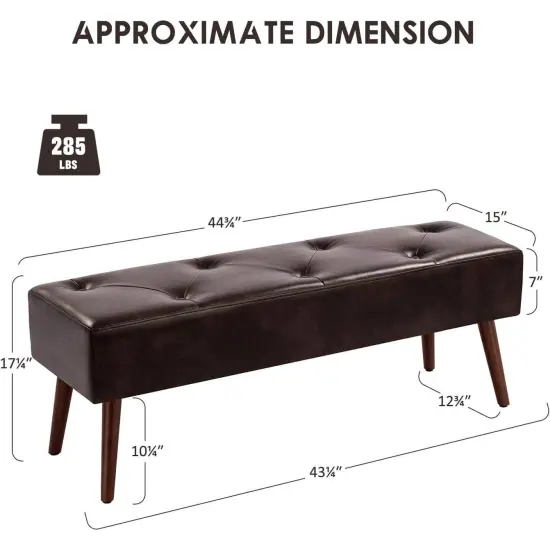 Leather Tufted Bed Bench with Metal Finish and Wood Legs Dark brown {3}