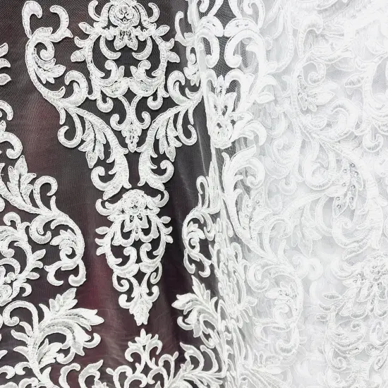 1 Yard Beaded & Corded Lace Fabric on 100% Polyester Net Mesh, White, 51" Wide, Embroidered Lace Fabric {2}