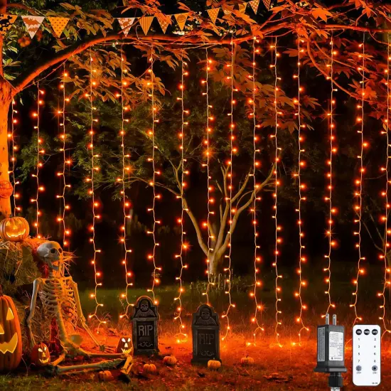 9.8x9.8ft - 300LED Orange Halloween Lights with Remote {1}