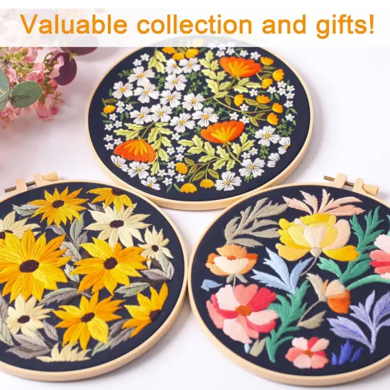 REEWISLY 3Pcs Embroidery Starter Kit with Patterns and Instructions, DIY Adult Cross Stitch Kits Beginner, Including 3 Plastic Embroidery Rings, 1 Scissors, Colored Threads and Needles {5}